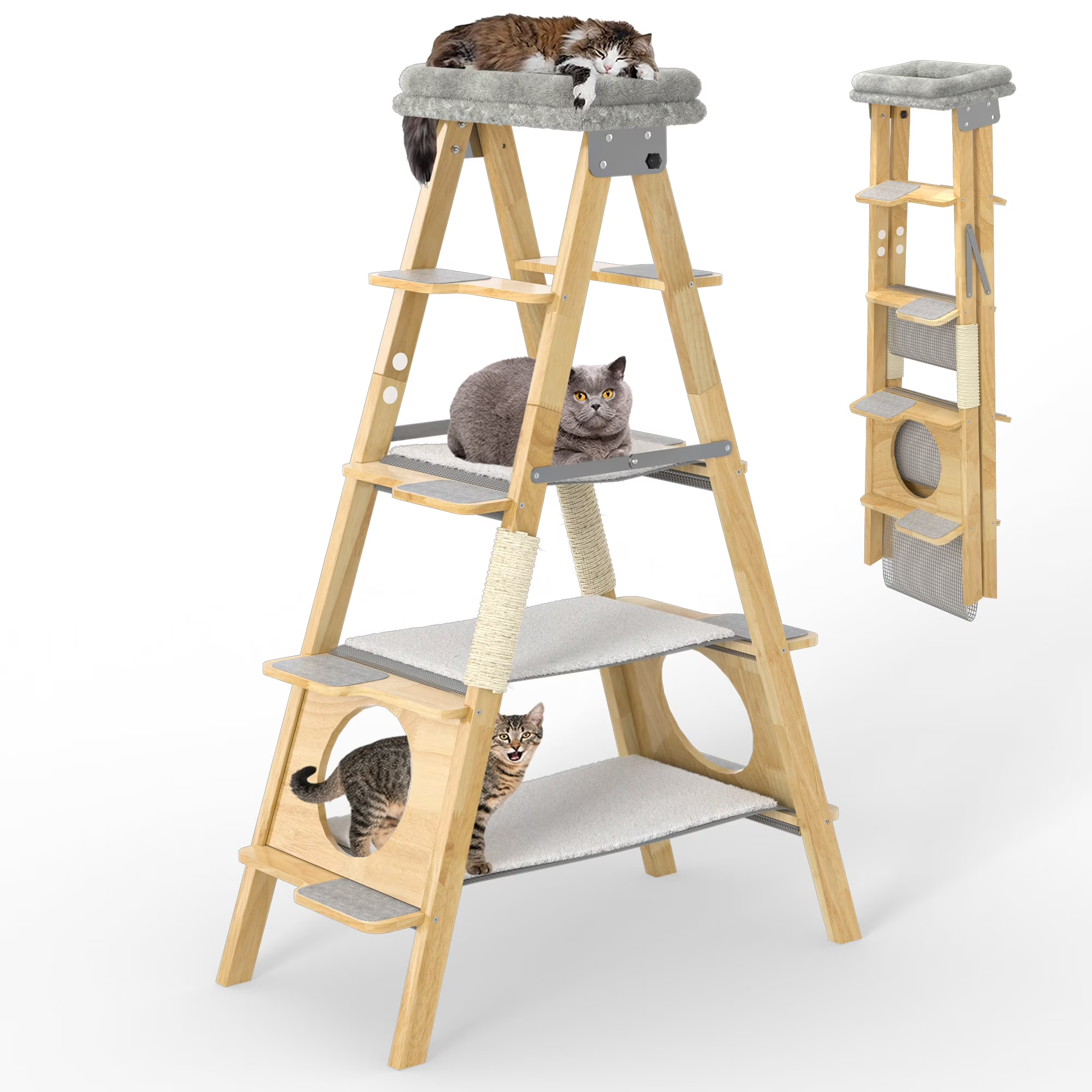Modern Solid Wood Cat Tree Foldable Ladder Design with Cat Hammock & Sisal Scratch Post Easy Clean 60″H