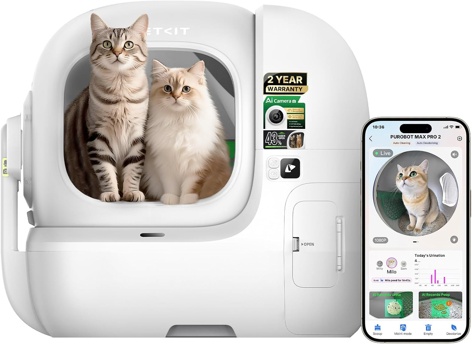 PETKIT Purobot Max Pro 2 Ai-Camera Self Cleaning Cat Litter Box Odor-Free
