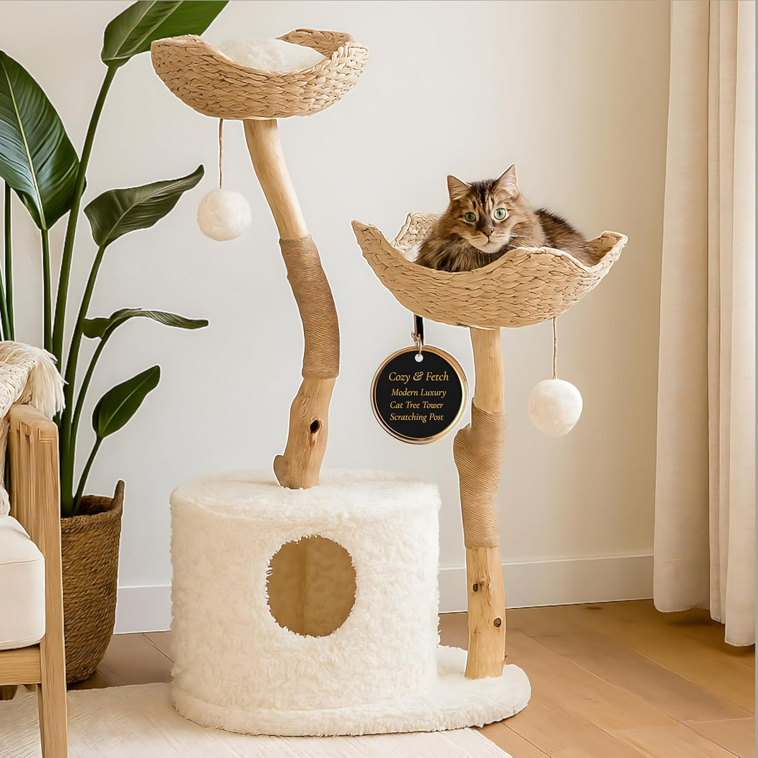 Cat-Tree Tower — Modern Cat Furniture — Real Wood Branch Scratching Post — White — 46”