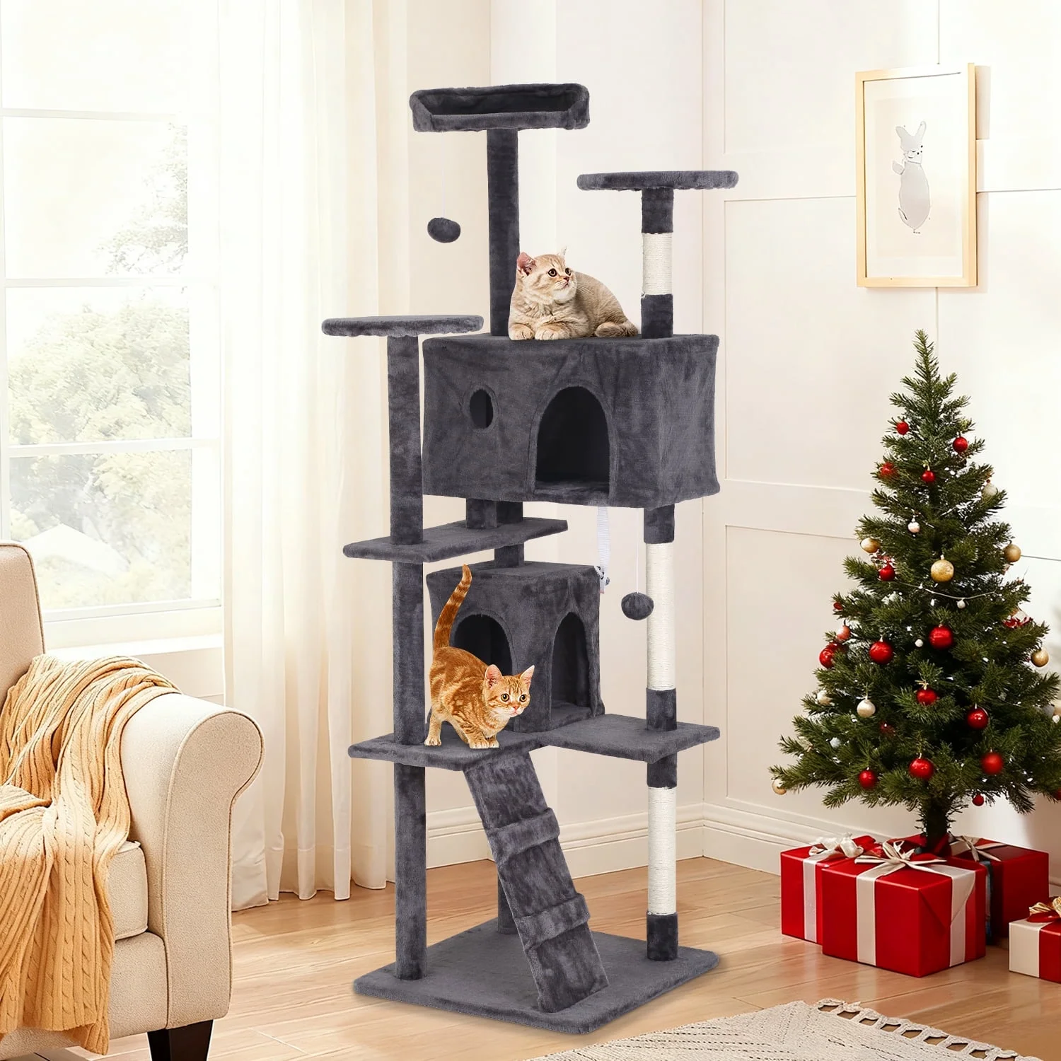 70″ Cat Tree Cat Condo Cat Trees and Towers Multi-Level Activity Center Cat Playhouse with Sisal Scratching Posts & Perch for Kittens, Easy to Assemble, Ashy