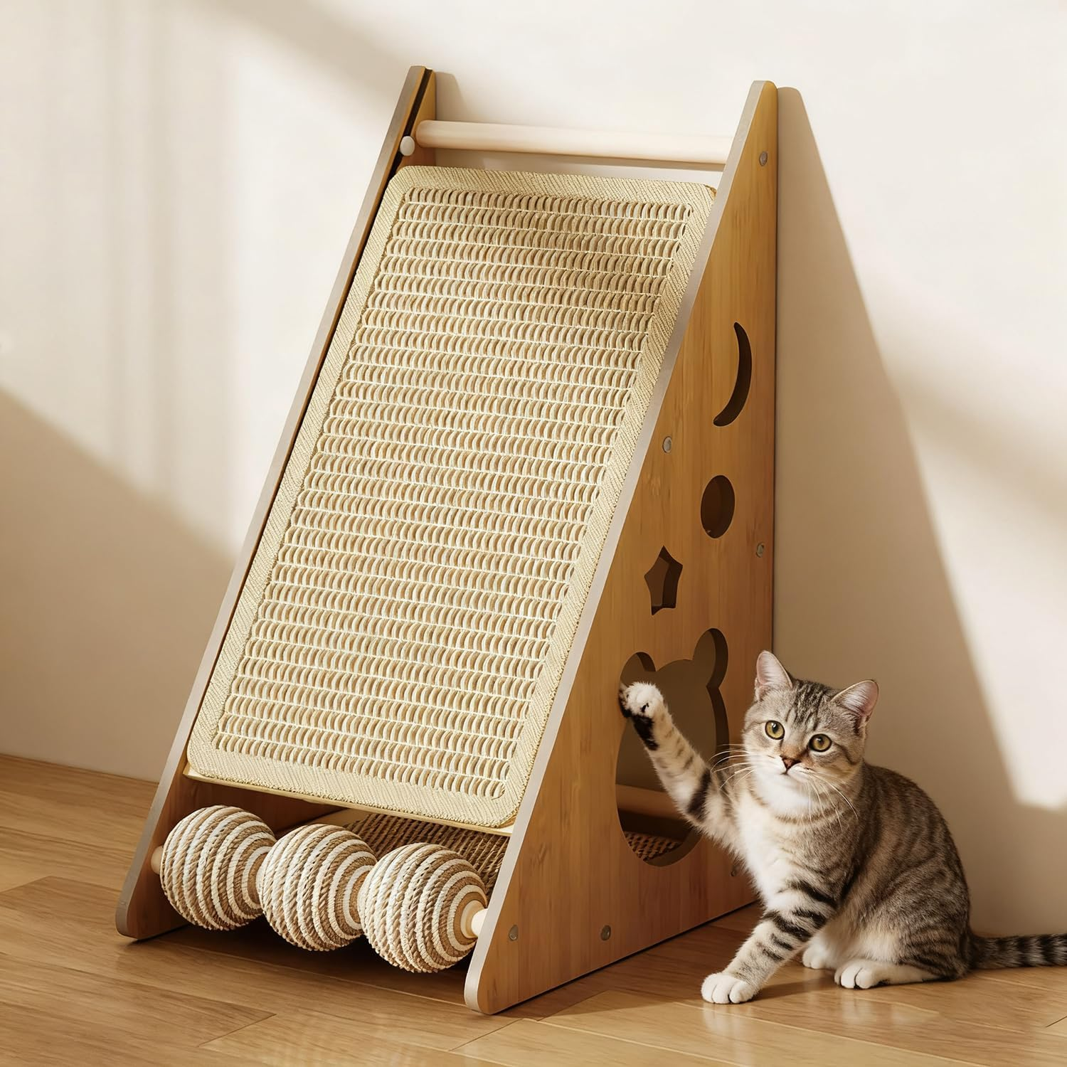 Cat Scratcher with Nest – Non-Shedding Vertical Cat Scratching Post, Cat Board Scratcher with 3 Sisal Balls for Indoor Cats, Reliable Wall Mounting