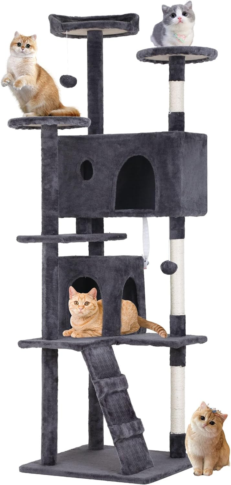70″ Cat Tree Tower — Ashy — Sturdy, Easy to Assemble, Multi-Level Activity Center with Sisal Scratching Posts, Condos, Perches, Hanging Cat Toys, Observation Decks & Ladder