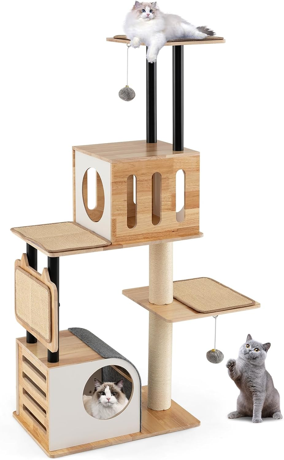 56 Inch Wood Cat Tree, Multi-Level Cat Tower with Sisal Scratching Posts, Dual Cat Condos, Removable Sisal Mats, and Hanging Balls with Bell, Modern Cat Tree Tower for Indoor Cats, Kittens
