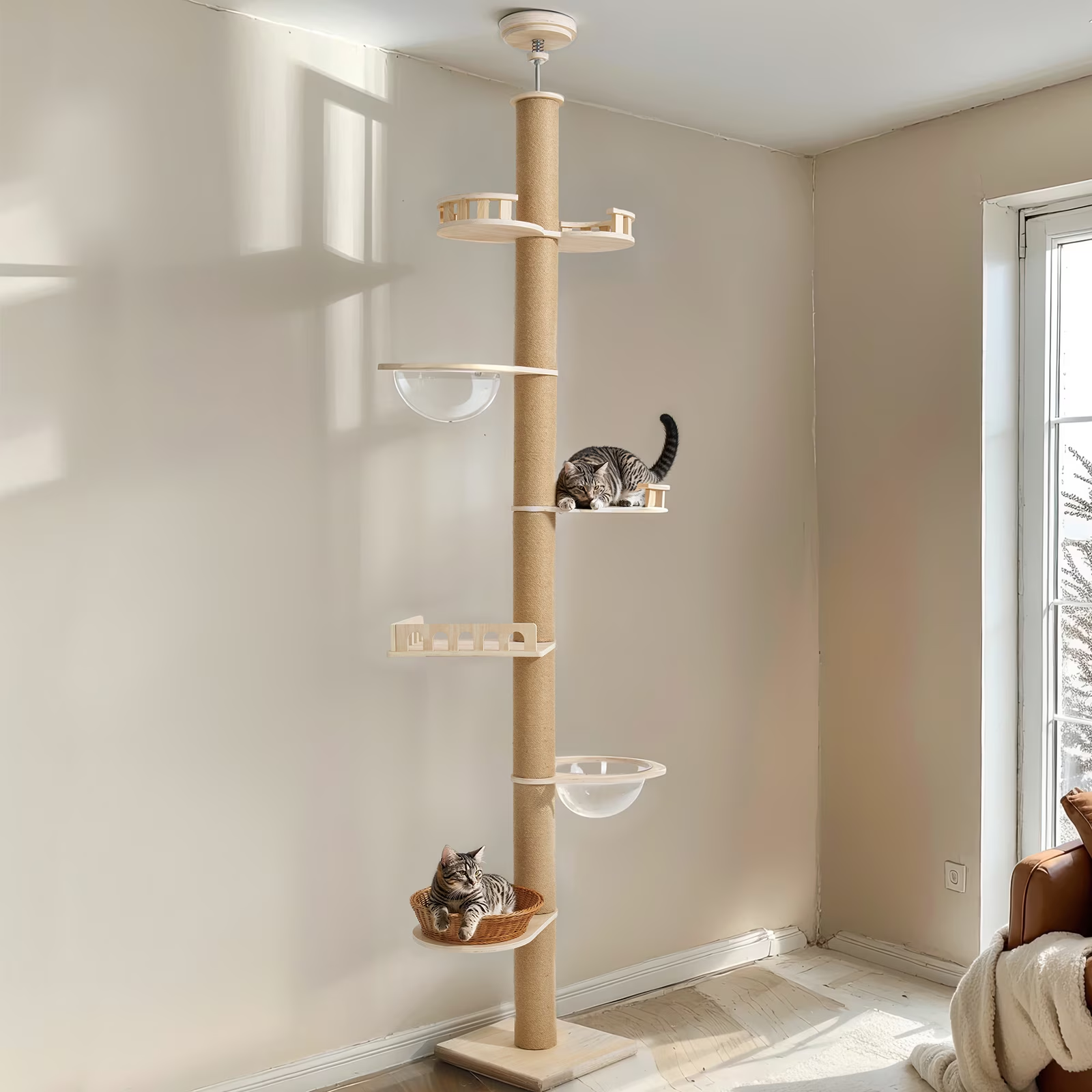 Floor to Ceiling Cat Tree Height 106-123 Inch Adjustable with 4.3âł Thickened Scratching Posts